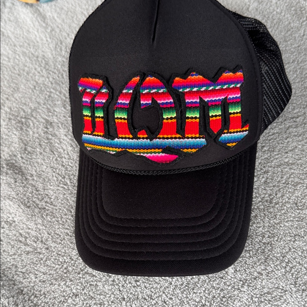 OTTO LWM Black Hat with serape lettering Multicolor mesh back adjustable closure